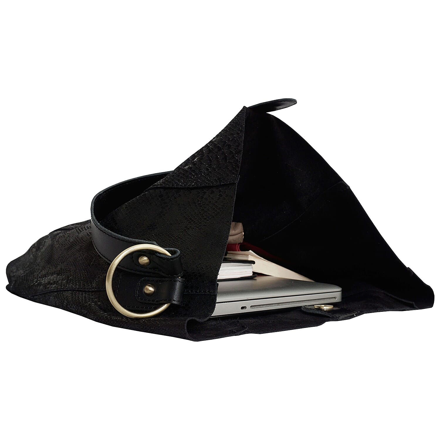 Assots London ESME Genuine Suede Leather Python Print Hobo Bag - Black