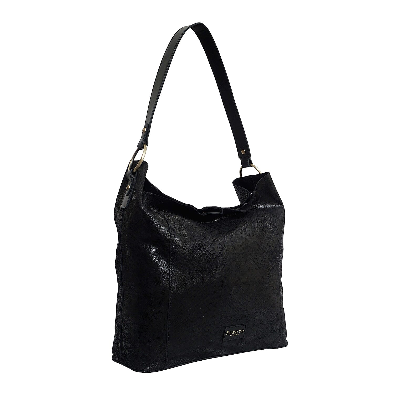 Assots London ESME Genuine Suede Leather Python Print Hobo Bag - Black