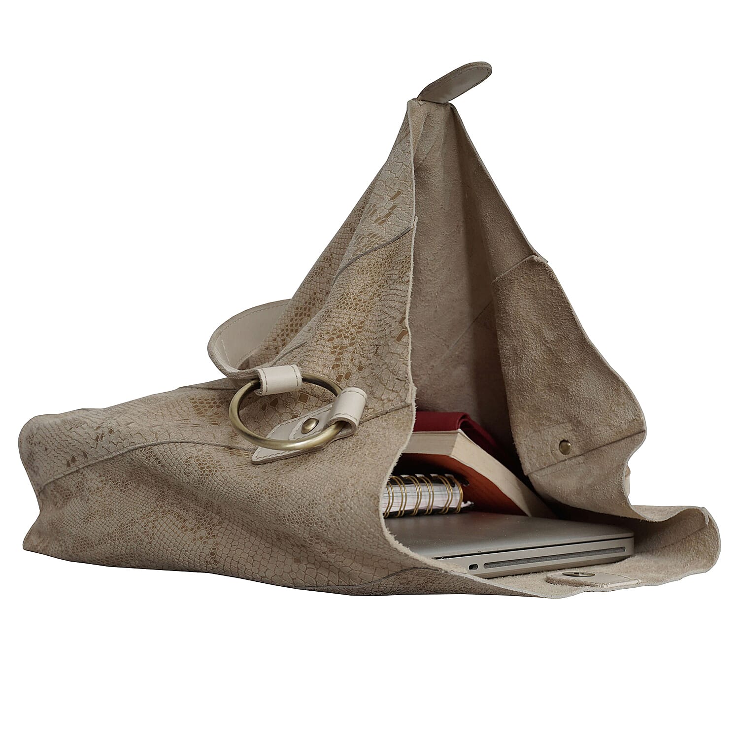 Assots London ESME Genuine Suede Leather Python Print Hobo Bag (Size 34x33x11 Cm) - Cream