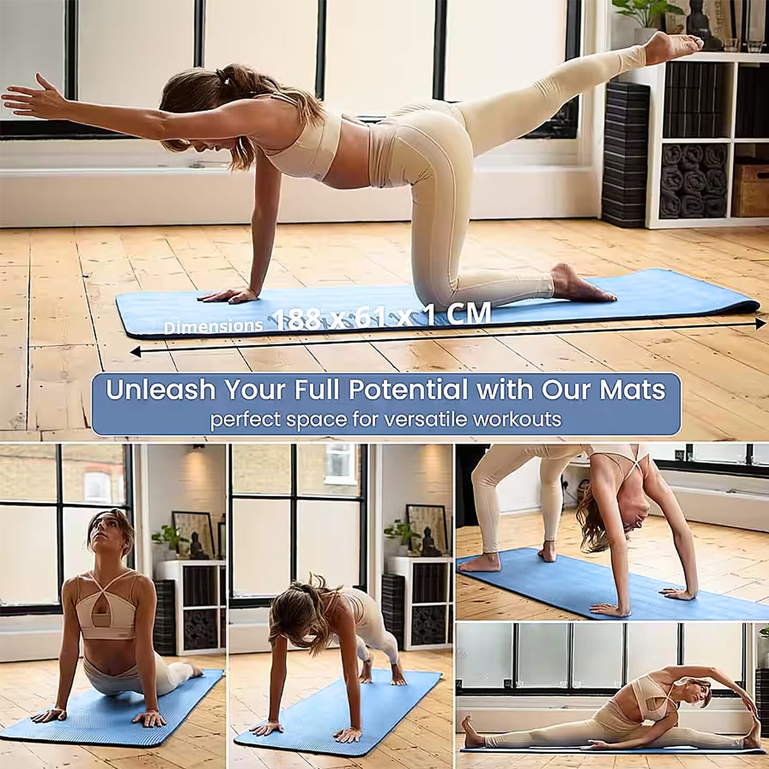 Soul Smart NBR Yoga Mat Non Slip Exercise - Pilates Mat with Carrying Strap (Size 188x61 cm) - Light  Blue