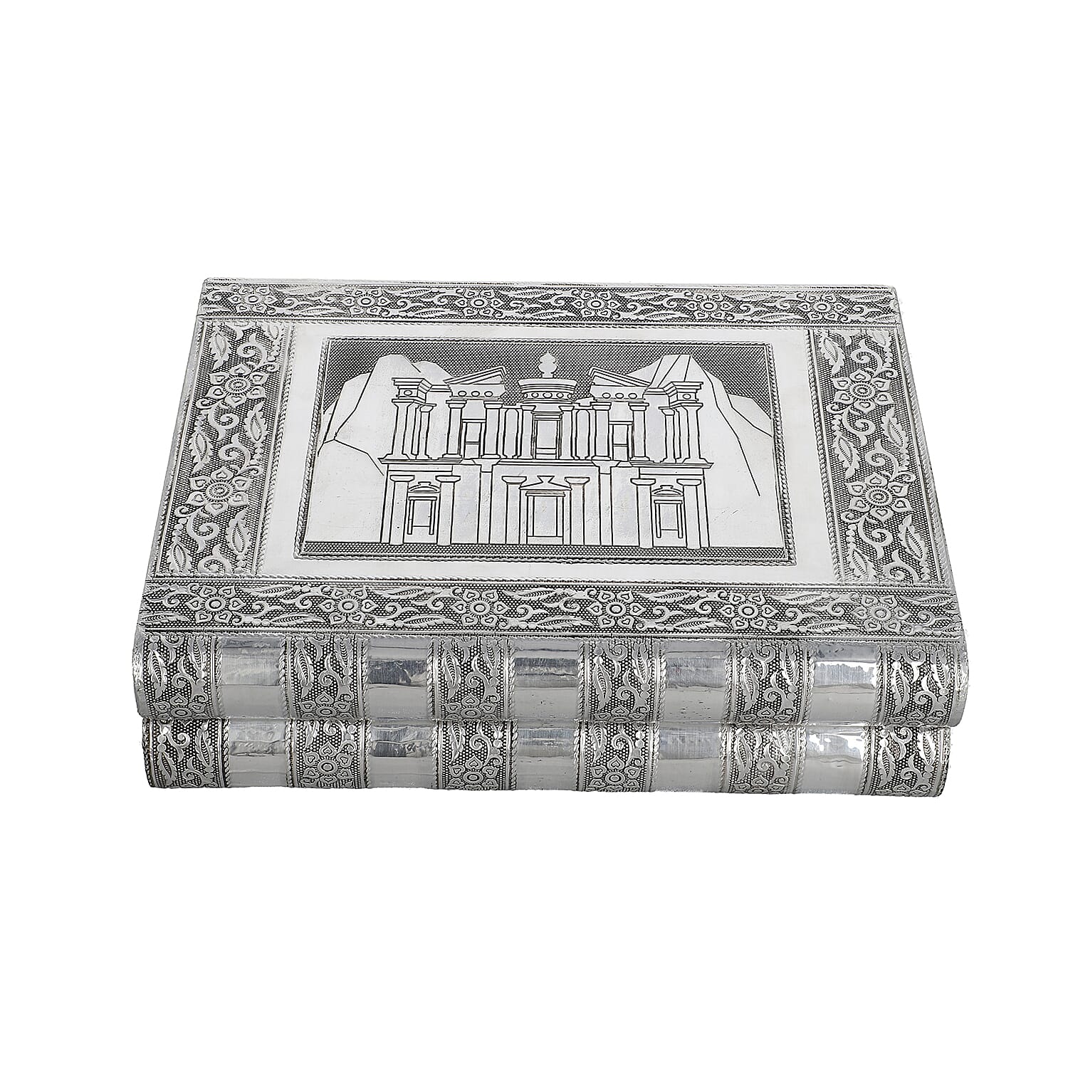 Palace Embossed Handcrafted Jewellery Organizer with 4 Extendable Trays, Inside Mirror and Blue Velvet Lining  (Size 28x21.6x7.6 Cm)