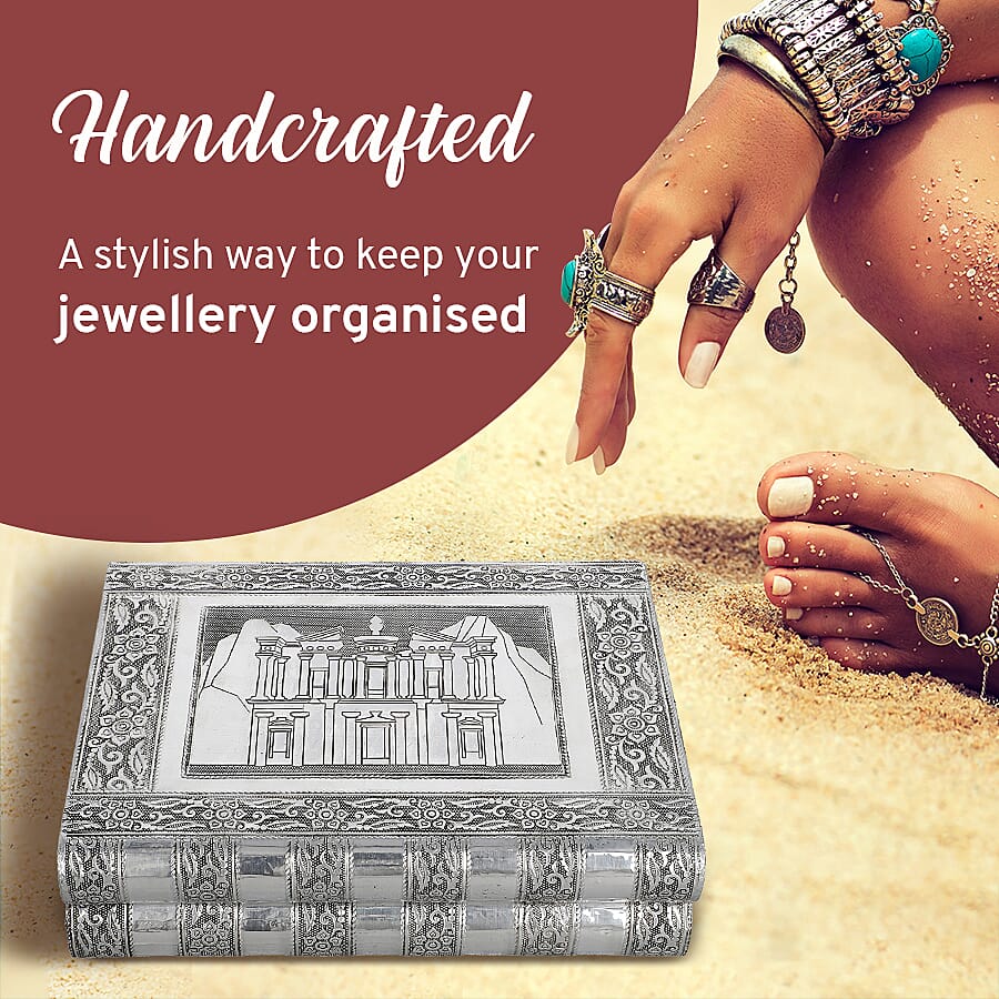 Palace Embossed Handcrafted Jewellery Organizer with 4 Extendable Trays, Inside Mirror and Blue Velvet Lining  (Size 28x21.6x7.6 Cm)