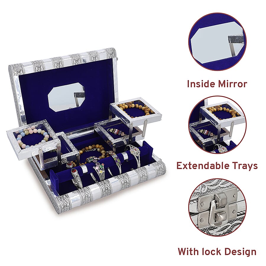 Palace Embossed Handcrafted Jewellery Organizer with 4 Extendable Trays, Inside Mirror and Blue Velvet Lining  (Size 28x21.6x7.6 Cm)