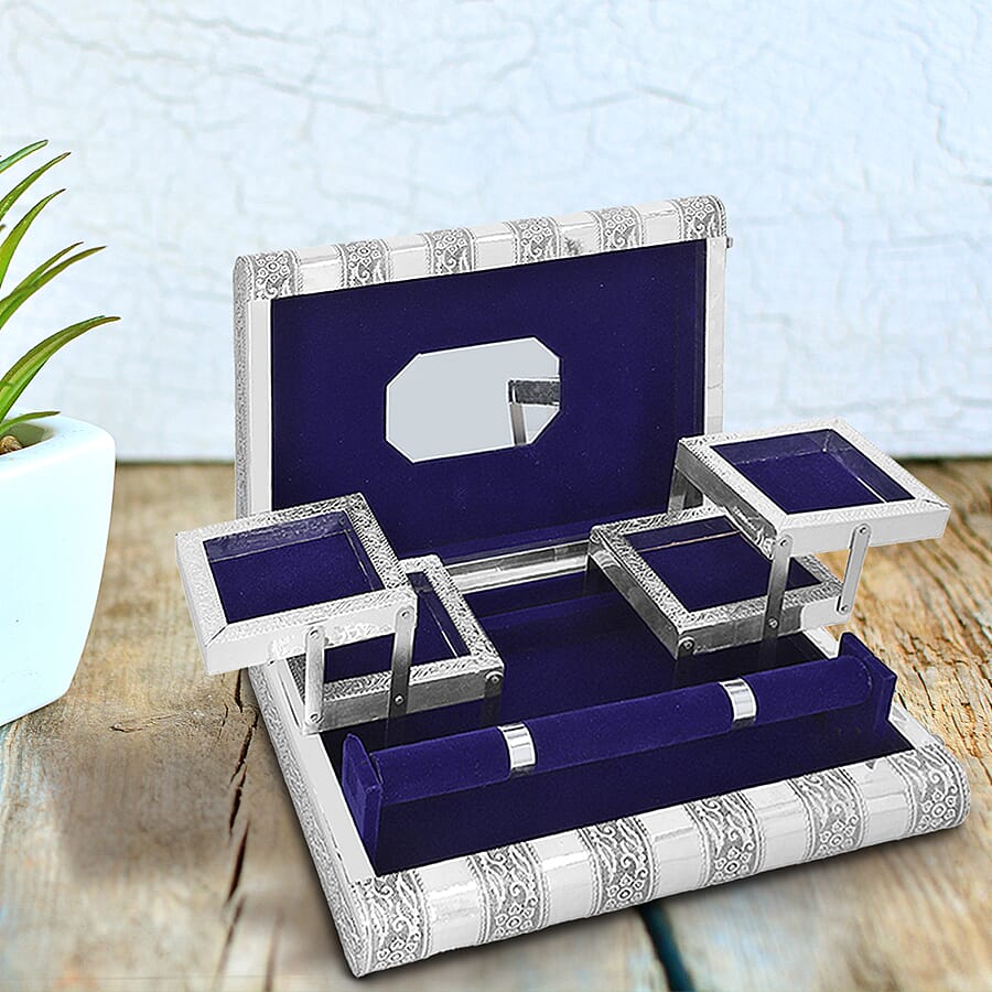 Palace Embossed Handcrafted Jewellery Organizer with 4 Extendable Trays, Inside Mirror and Blue Velvet Lining  (Size 28x21.6x7.6 Cm)