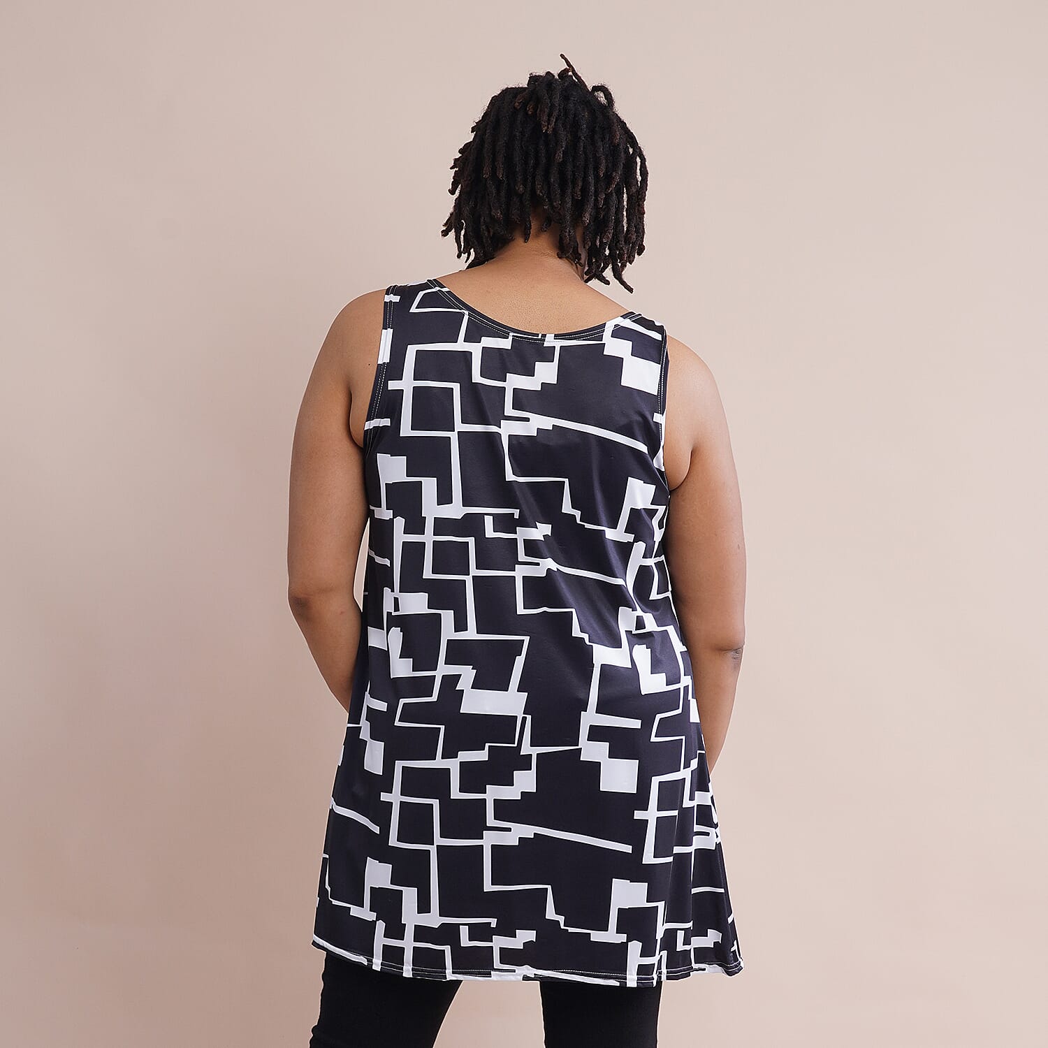 JOVIE Abstract Pattern Sleeveless A-Line Women Tunic (Size:XXL/XXXL 22-26, 90x65Cm) - Black and White