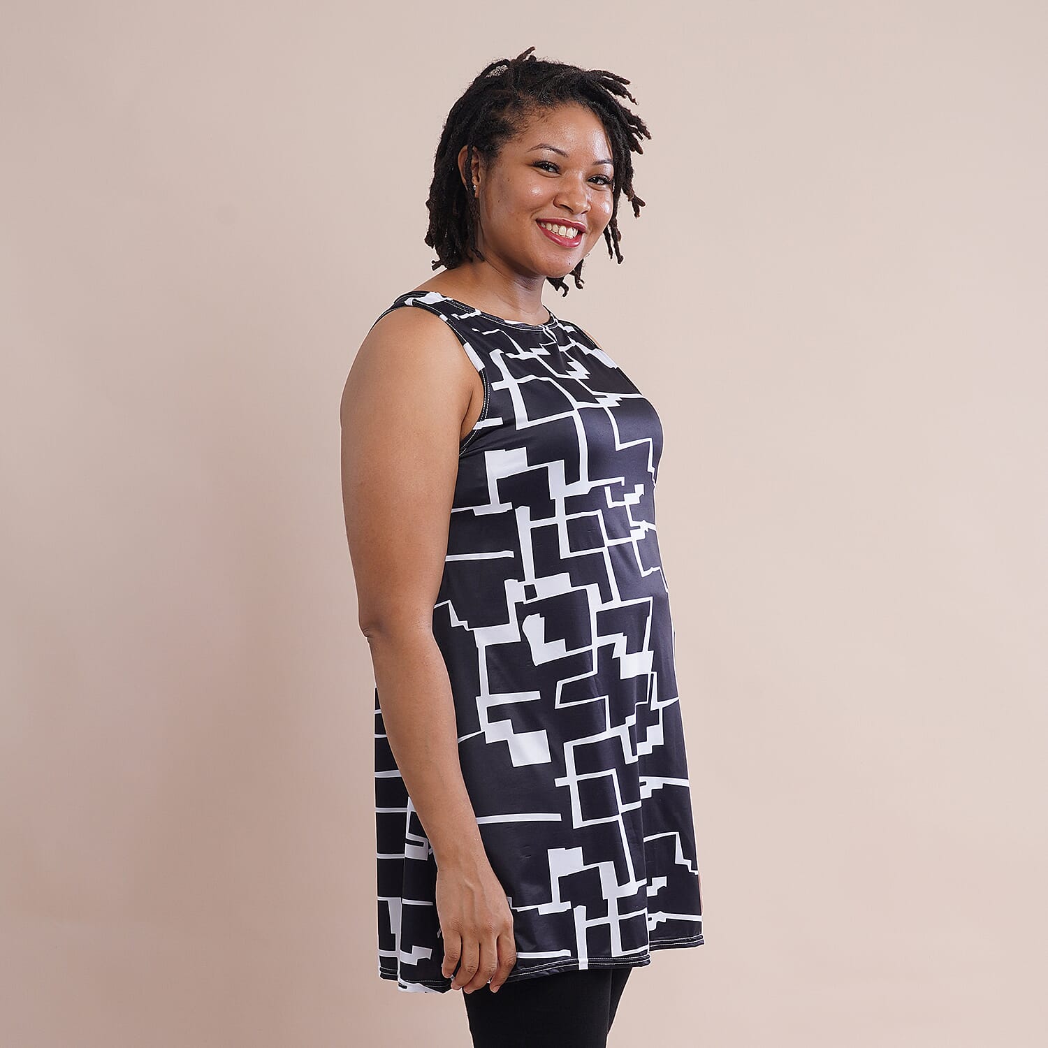 JOVIE Abstract Pattern Sleeveless A-Line Women Tunic (Size:XXL/XXXL 22-26, 90x65Cm) - Black and White