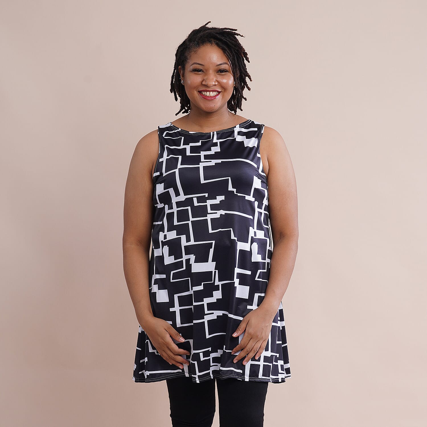 JOVIE Abstract Pattern Sleeveless A-Line Tunic (Size-L-XL, 16-20) - Black and White