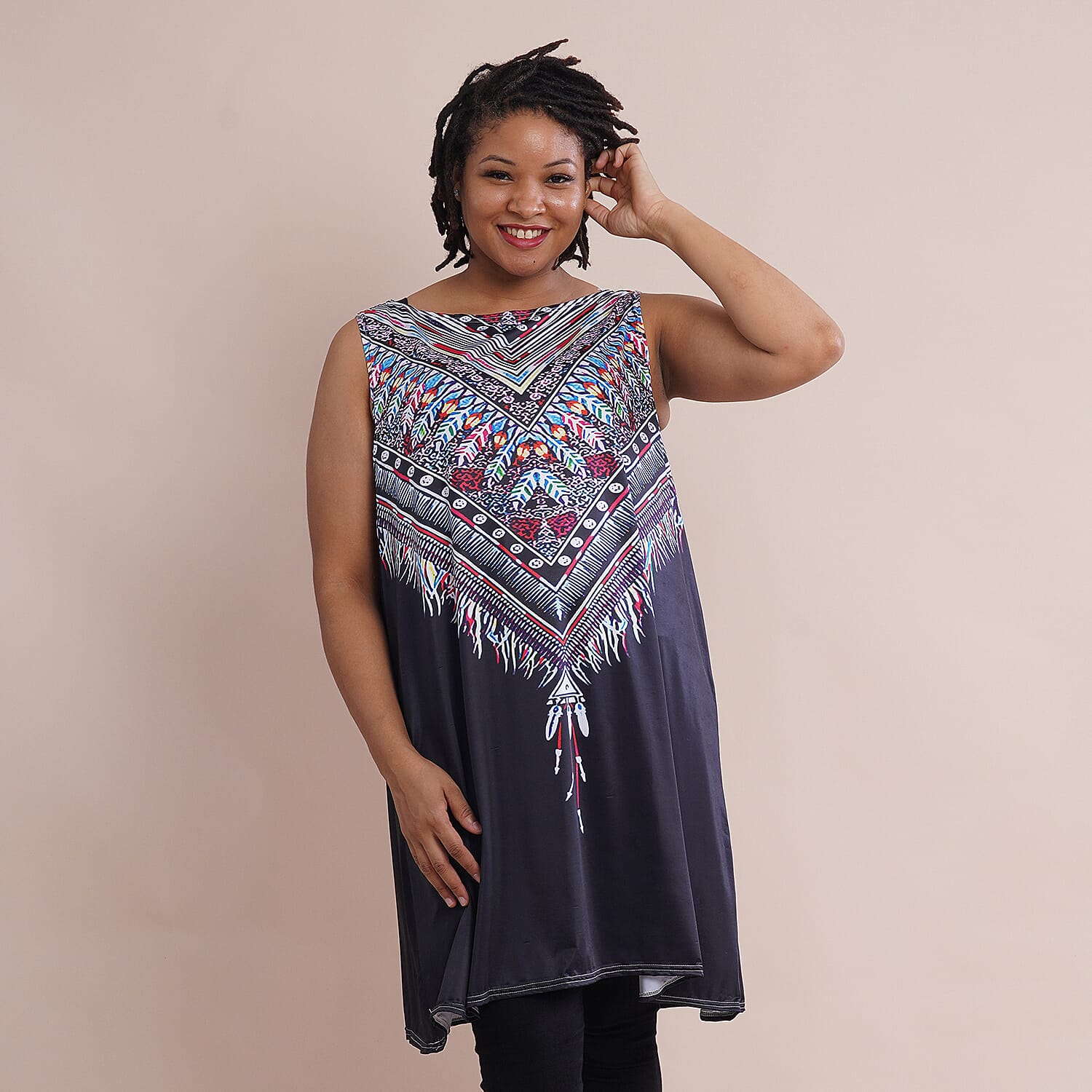 JOVIE Embroidered Pattern Sleeveless A-Line Tunic - Black