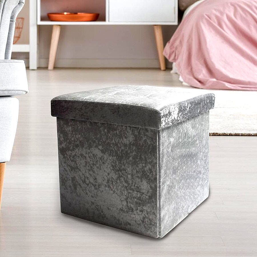 Lesser and Pavey Velvet Folding Storage Ottoman Box in Light Grey (Size 38x38x38 cm)