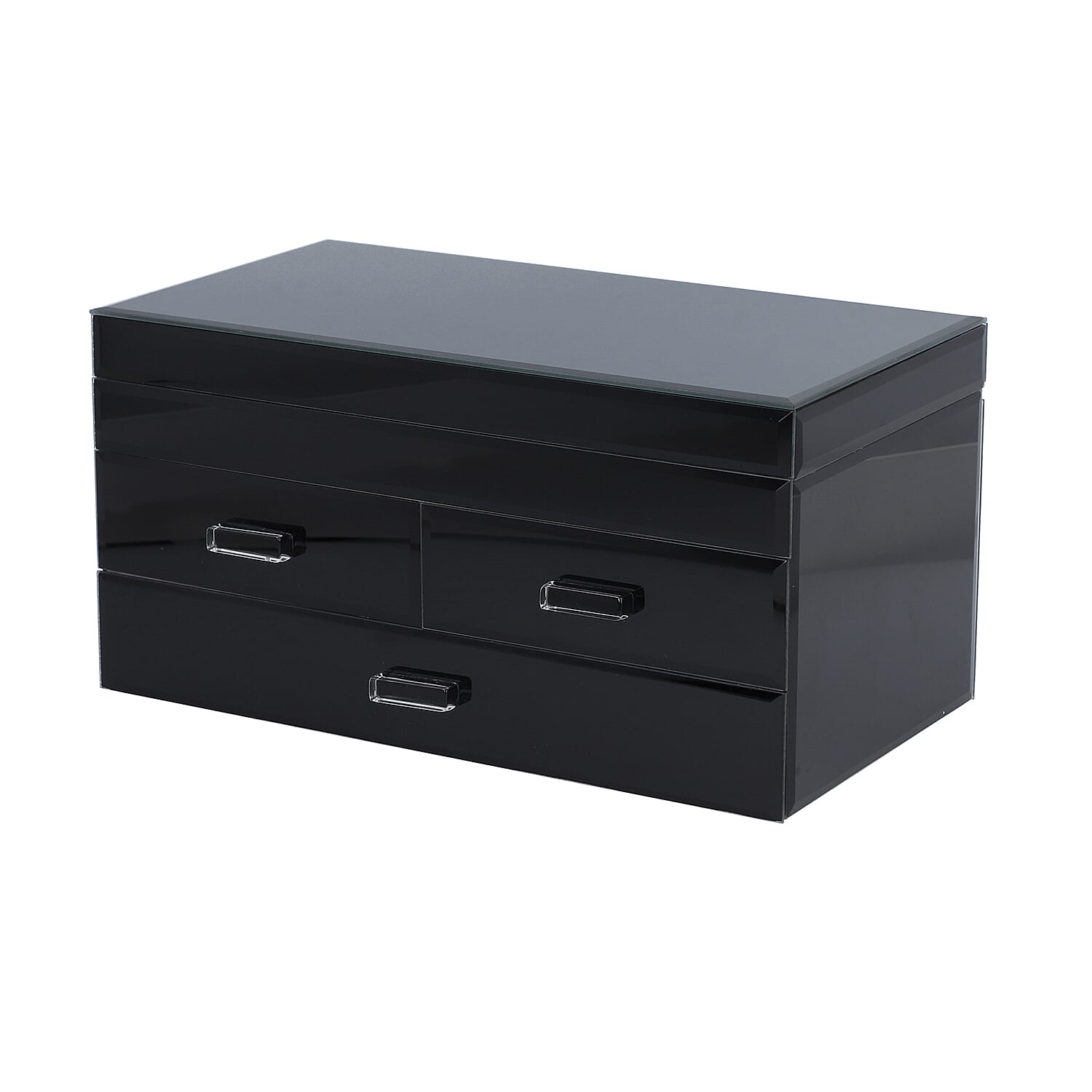 3 Layer Glass Mirrored Jewellery Box with three Drawer and Velvet Inner Lining (Size 31x17x16cm) - Black