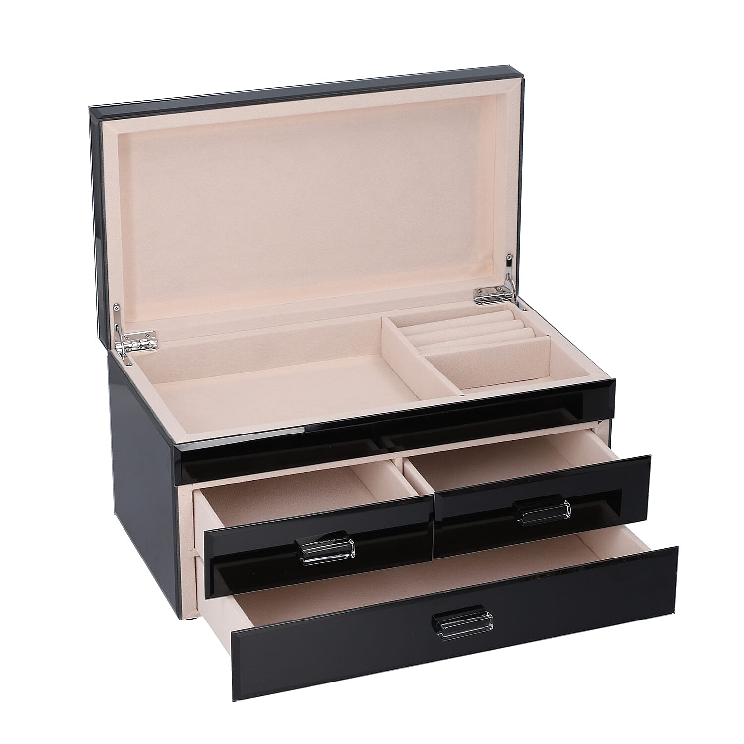 3 Layer Glass Mirrored Jewellery Box with three Drawer and Velvet Inner Lining (Size 31x17x16cm) - Black