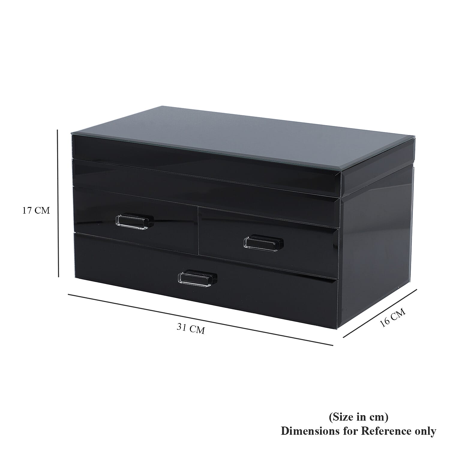 3 Layer Glass Mirrored Jewellery Box with three Drawer and Velvet Inner Lining (Size 31x17x16cm) - Black