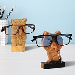Set of 2 Owl & Cat Shape Eyeglass Holder Material - Pine Wood