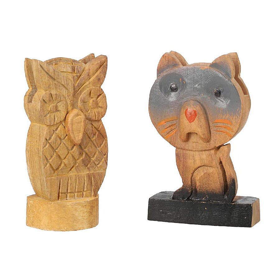 Set of 2 - Hand Carved Wooden Spectacle Holders - Owl & Cat