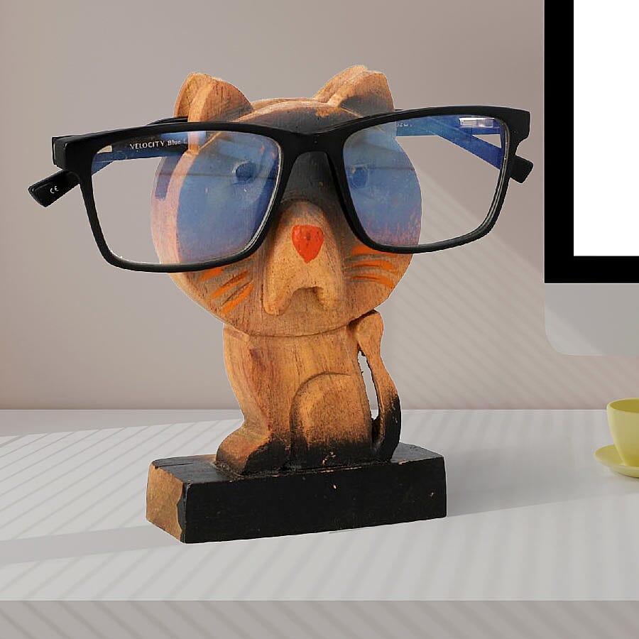 Set of 2 - Hand Carved Wooden Spectacle Holders - Owl & Cat