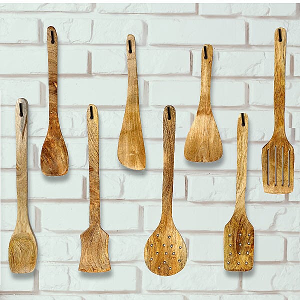 Set of 8 Pcs Non Stick Spatulas & Ladles Wooden Spoon in Mango Wood