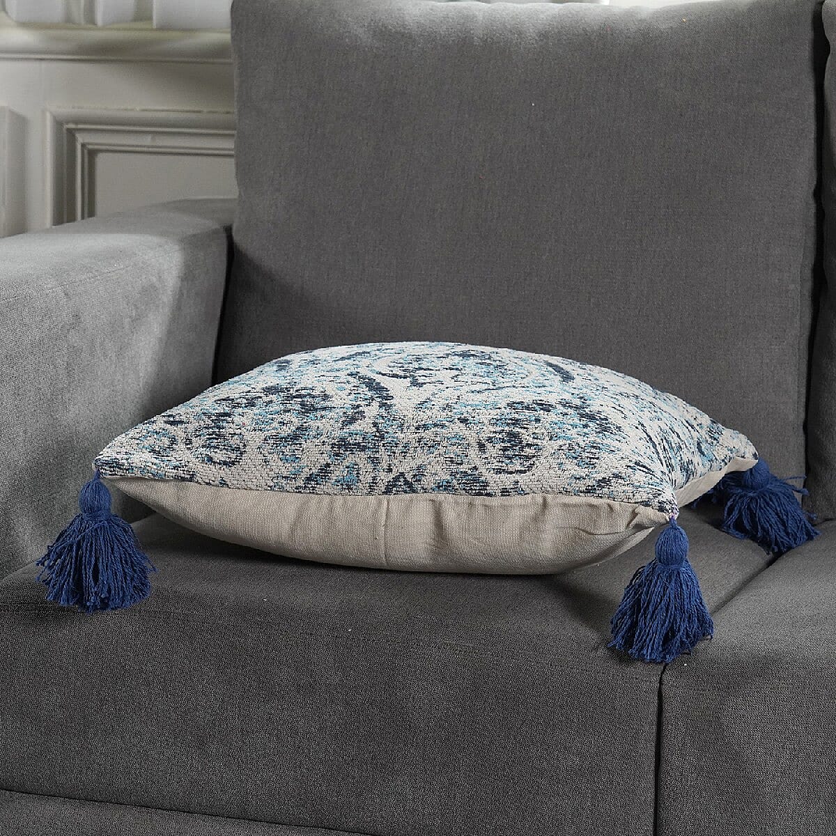 JACQUARD WOVEN Cushion Cover (Size 45X45 Cm) - Blue & Cream