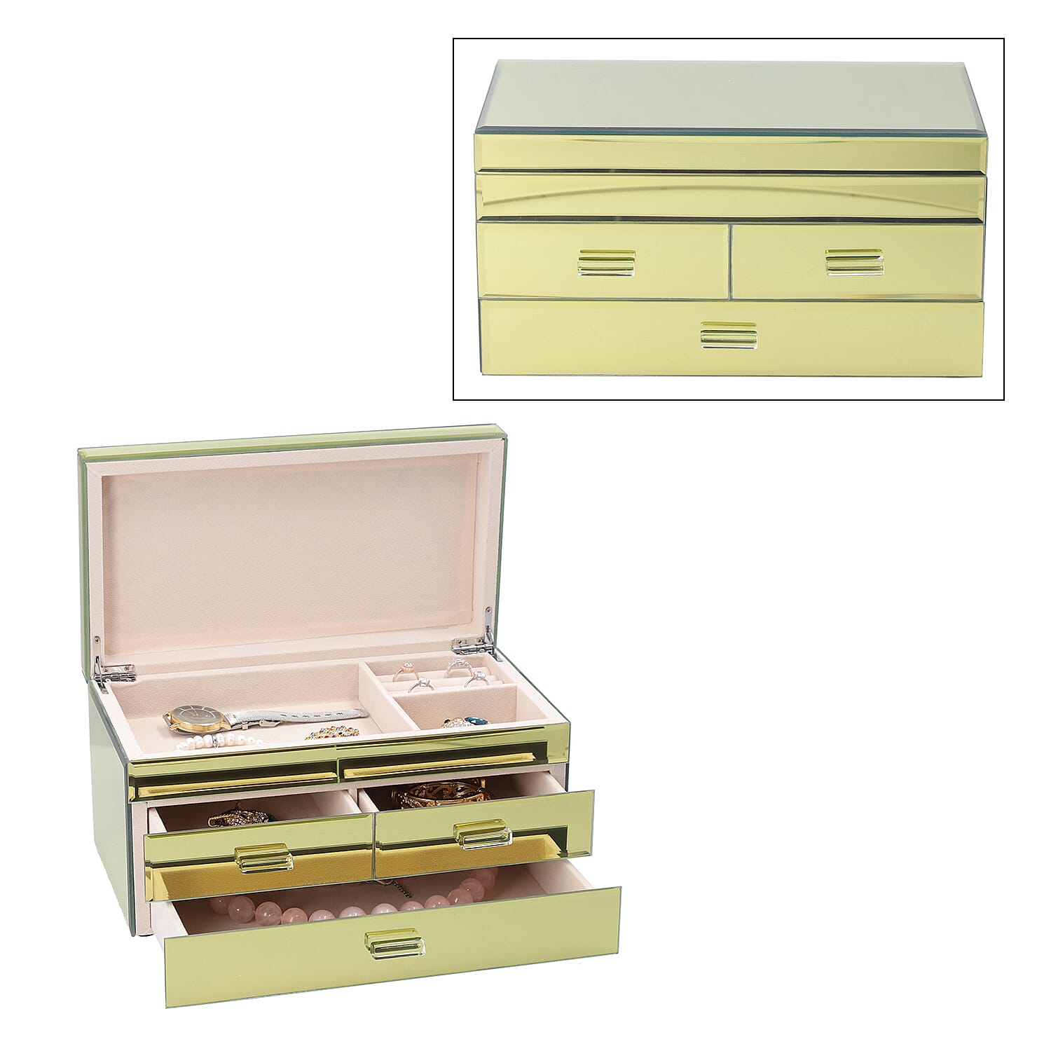 3 Layer Glass Mirrored Jewellery Box with Three Drawer and Velvet Inner Lining (Size 31x17x16cm) - Gold