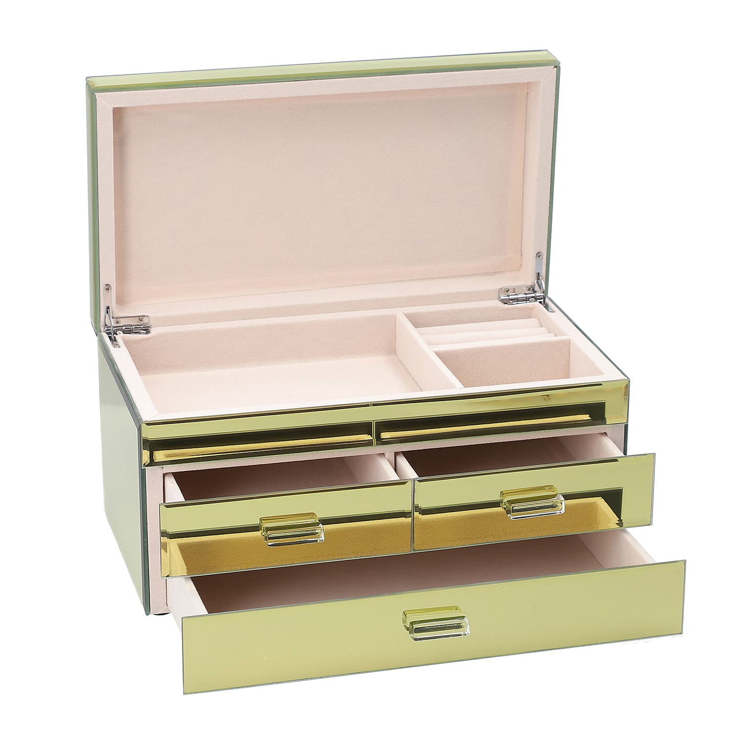 3 Layer Glass Mirrored Jewellery Box with Three Drawer and Velvet Inner Lining (Size 31x17x16cm) - Gold