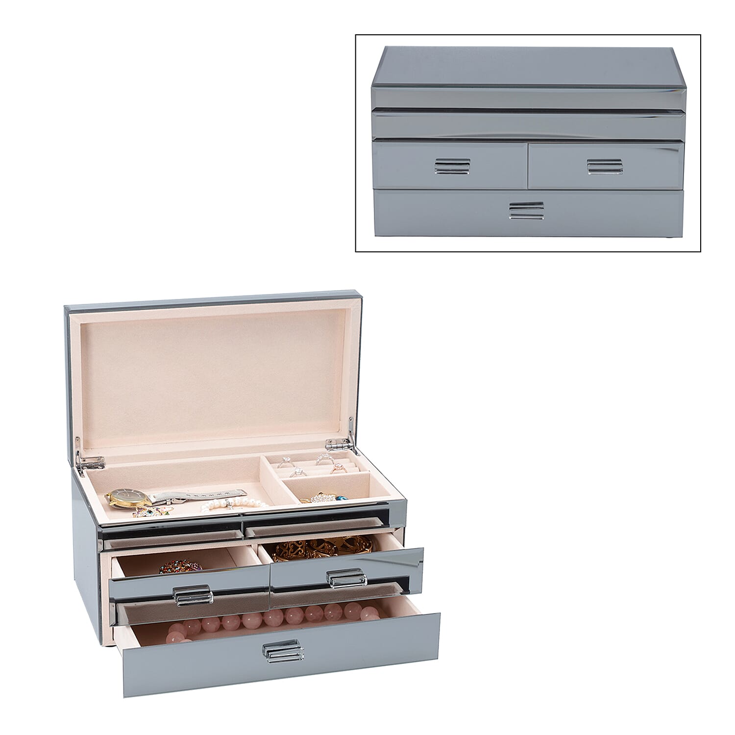 3 Layer Glass Mirrored Jewellery Box with three Drawer and Velvet Inner Lining (Size 31x17x16cm) - Grey