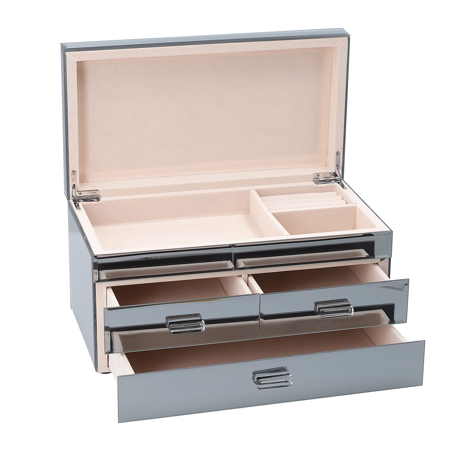 3 Layer Glass Mirrored Jewellery Box with three Drawer and Velvet Inner Lining (Size 31x17x16cm) - Grey