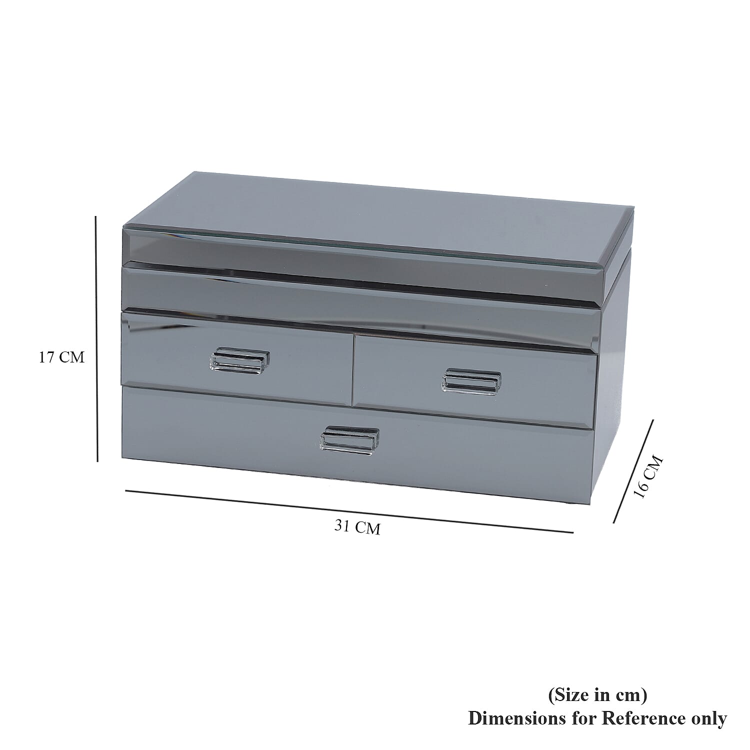 3 Layer Glass Mirrored Jewellery Box with three Drawer and Velvet Inner Lining (Size 31x17x16cm) - Grey