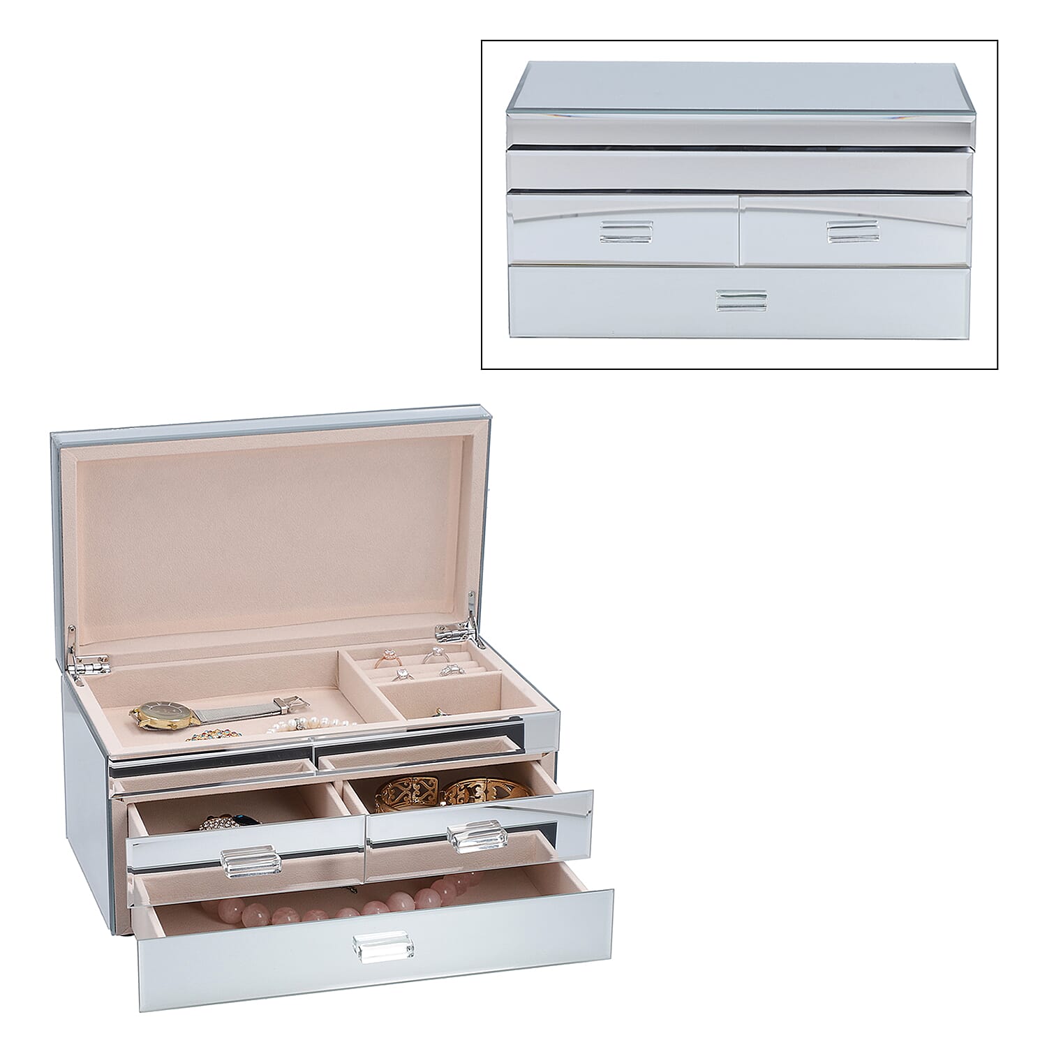 3 Layer Glass Mirrored Jewellery Box with Three Drawer and Velvet Inner Lining (Size 31x17x16cm) - Silver