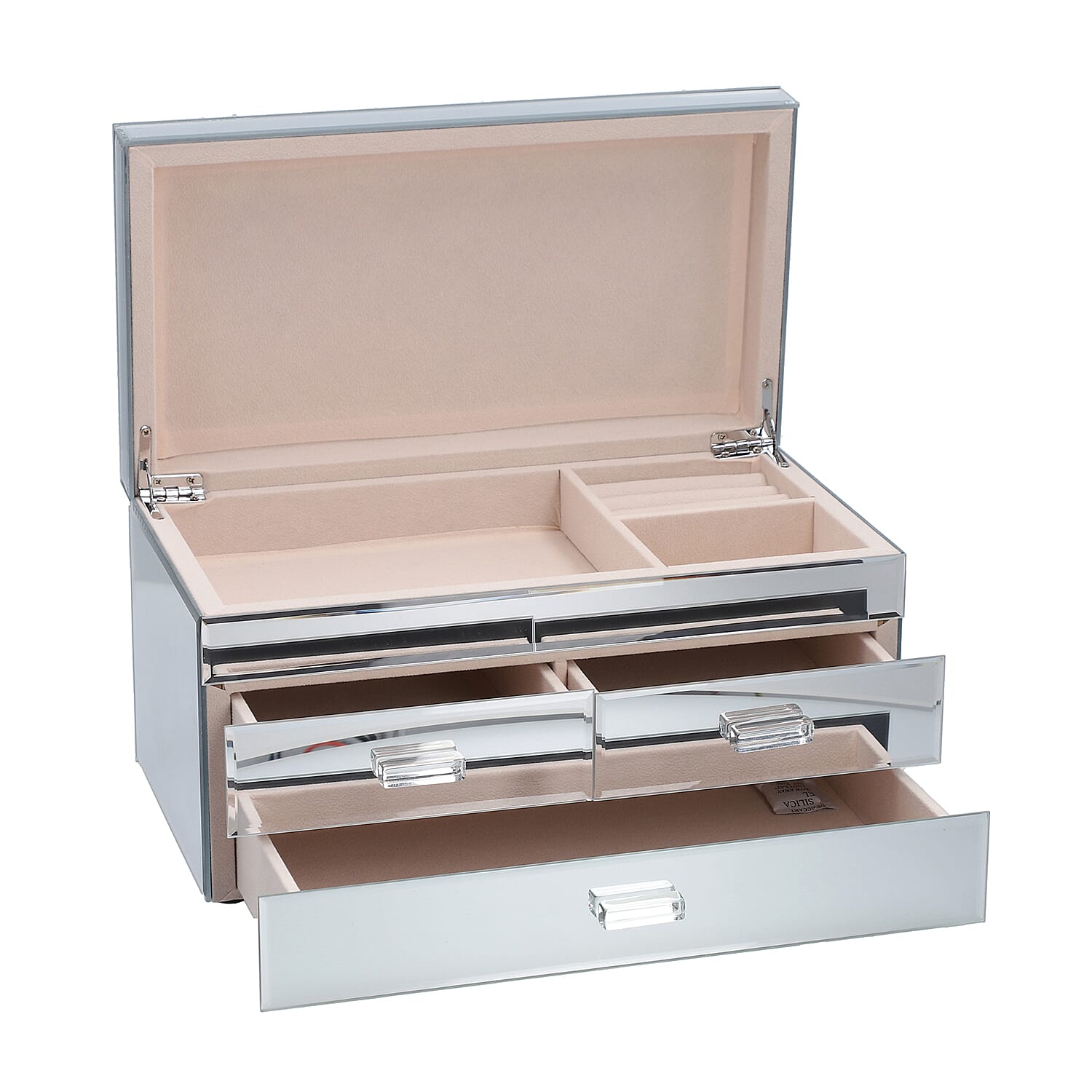 3 Layer Glass Mirrored Jewellery Box with Three Drawer and Velvet Inner Lining (Size 31x17x16cm) - Silver