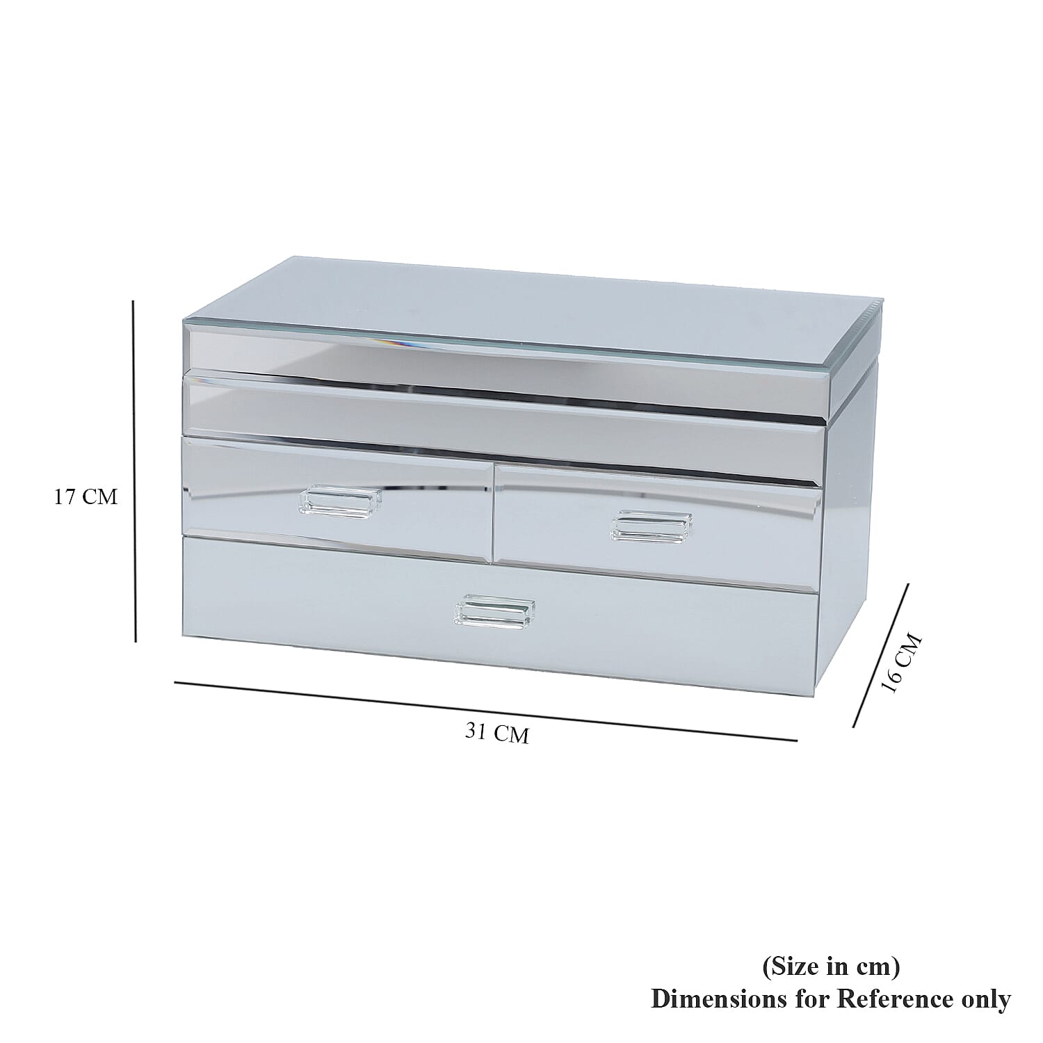 3 Layer Glass Mirrored Jewellery Box with Three Drawer and Velvet Inner Lining (Size 31x17x16cm) - Silver
