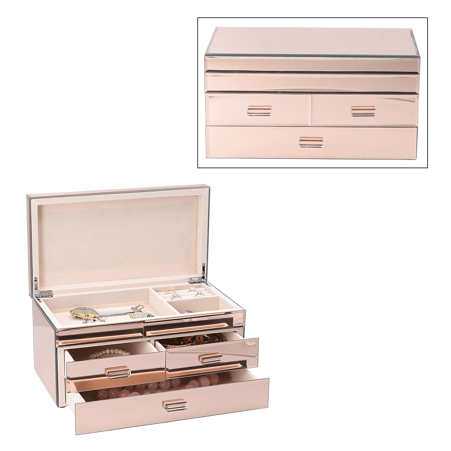 Small Mirrored Glass Jewelry Box With 2 Drawers & Velvet Lining