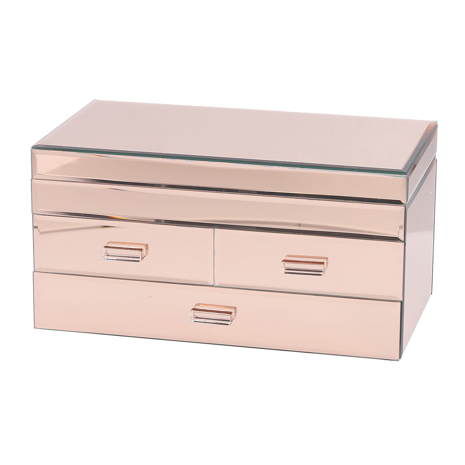 3 Layer Glass Mirrored Jewellery Box with three Drawer and Velvet Inner Lining (Size 31x17x16cm) - Rose Gold