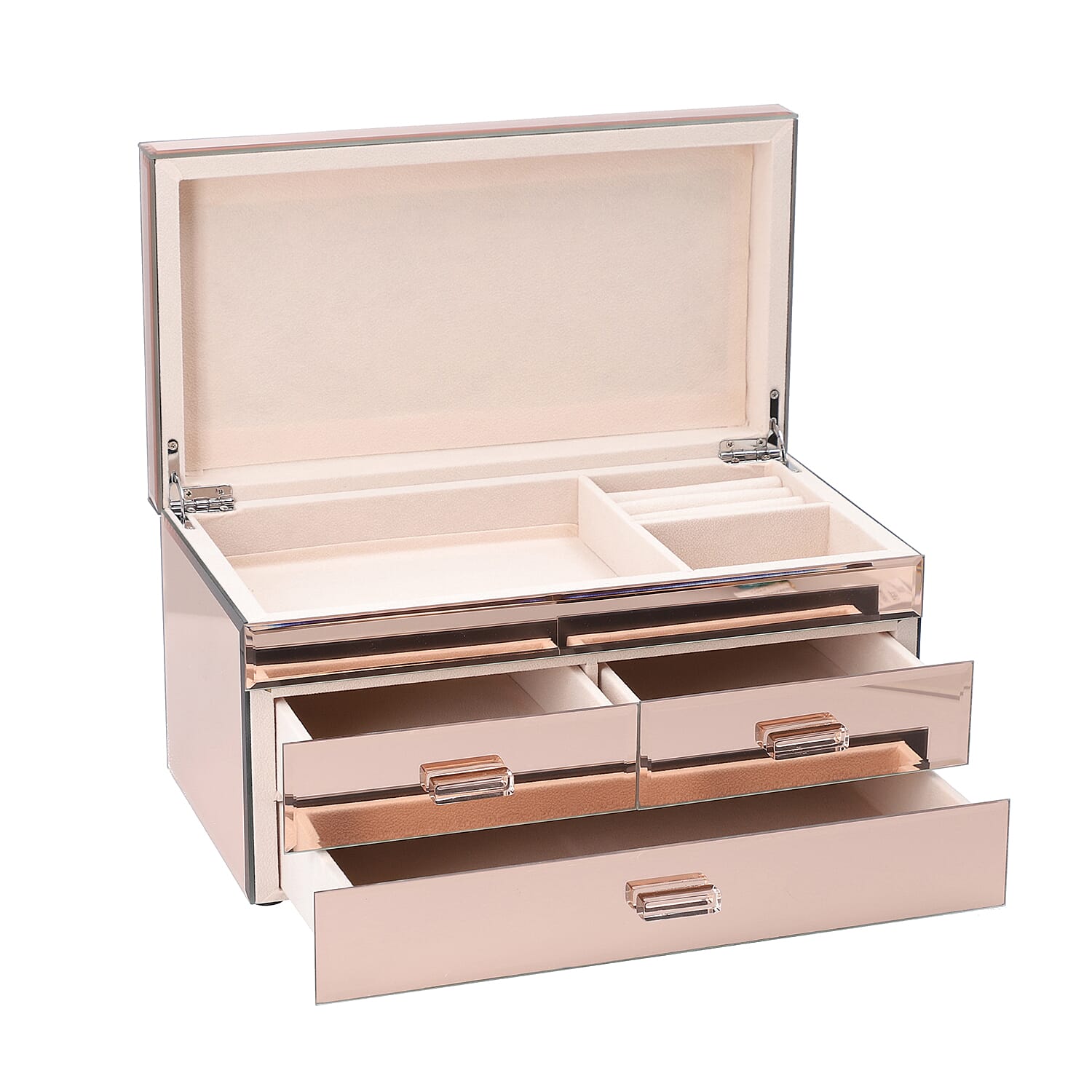 3 Layer Glass Mirrored Jewellery Box with three Drawer and Velvet Inner Lining (Size 31x17x16cm) - Rose Gold