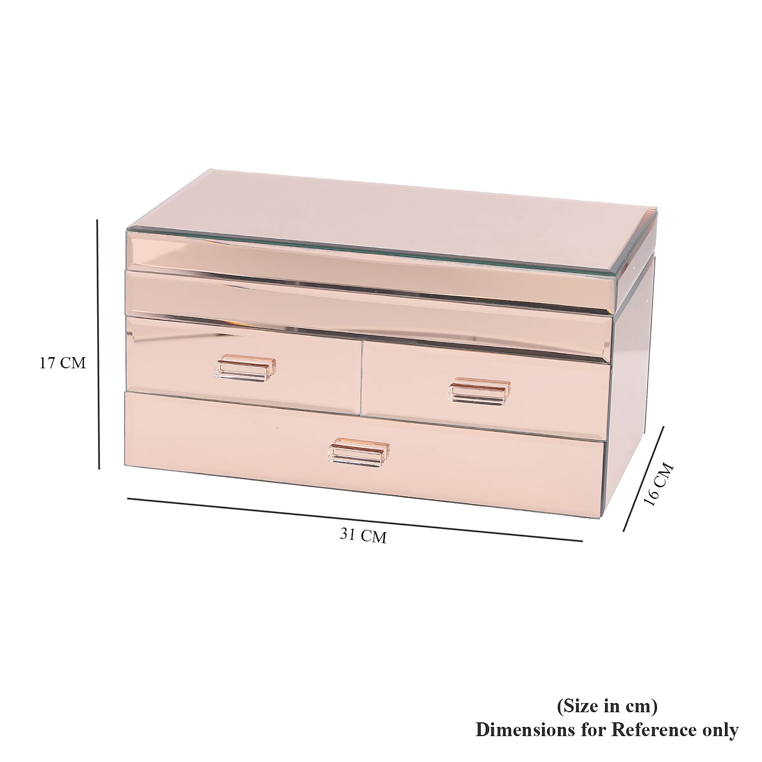 3 Layer Glass Mirrored Jewellery Box with three Drawer and Velvet Inner Lining (Size 31x17x16cm) - Rose Gold