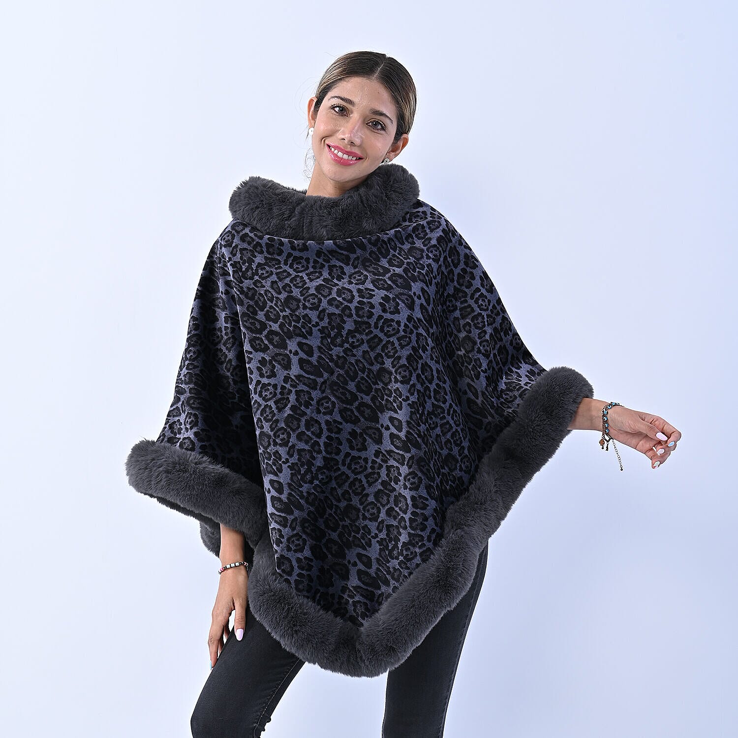 Designer Inspired- LA MAREY Leopard Pattern Faux Fur Poncho (Free Size) - Blue & Grey
