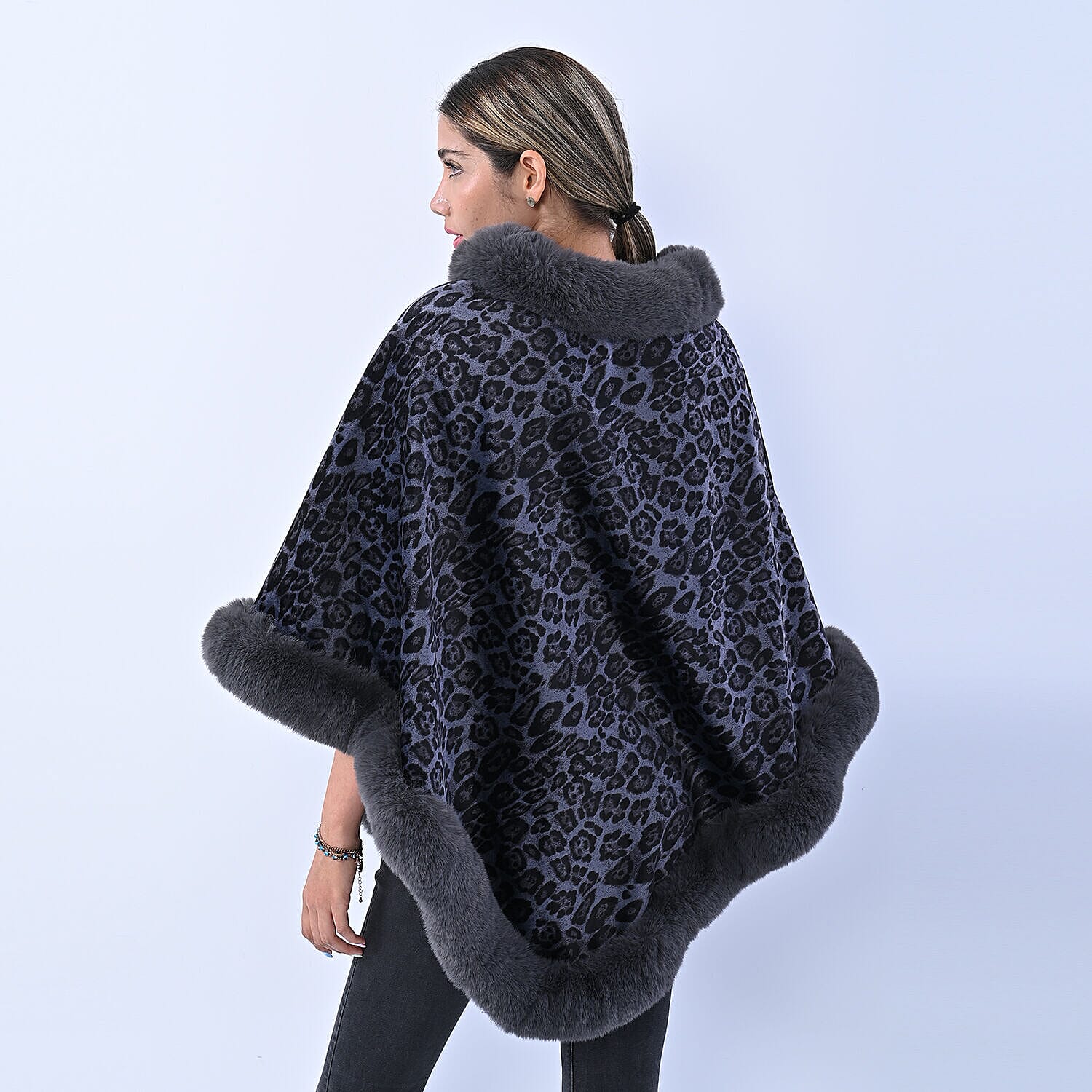 Designer Inspired- LA MAREY Leopard Pattern Faux Fur Poncho (Free Size) - Blue & Grey