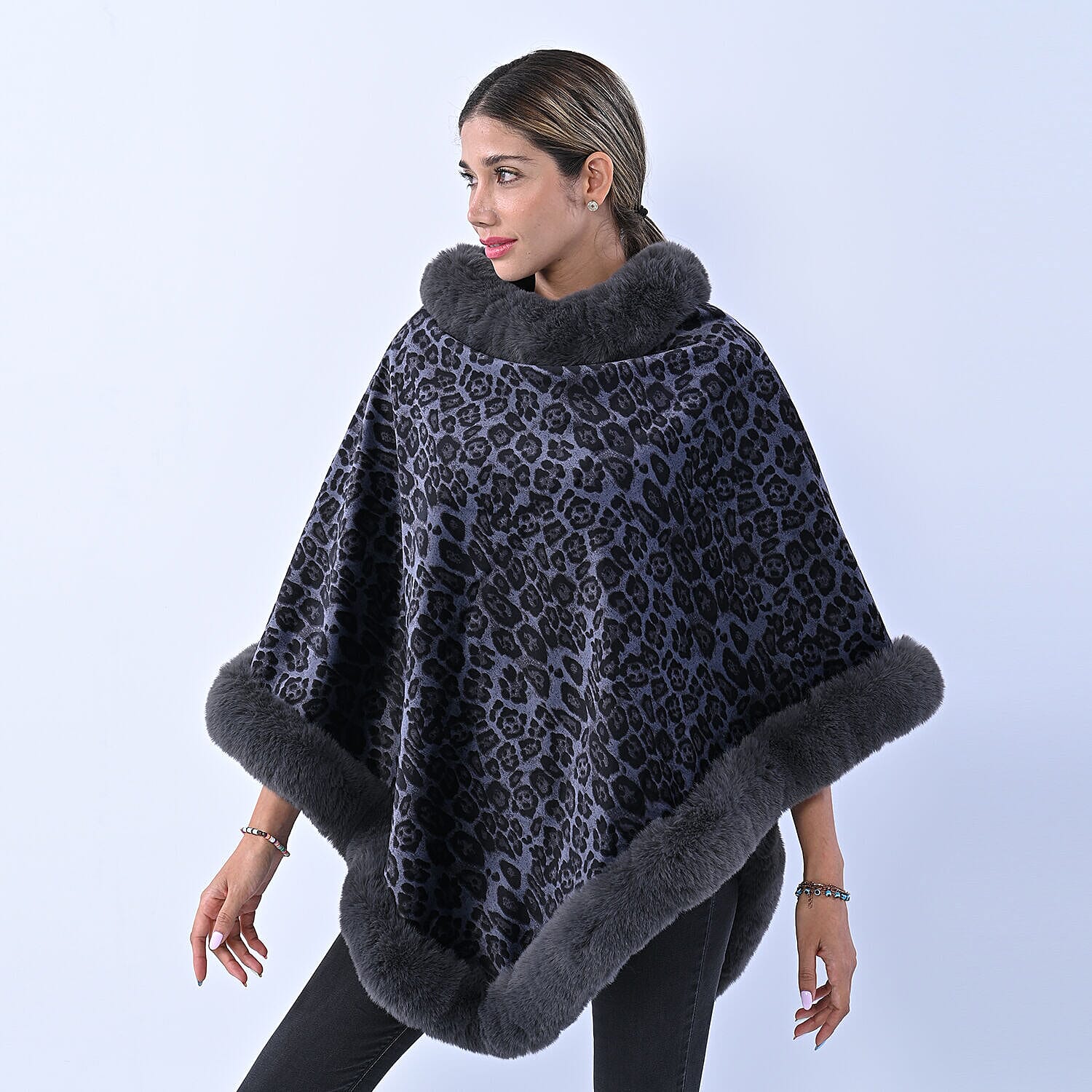 Designer Inspired- LA MAREY Leopard Pattern Faux Fur Poncho (Free Size) - Blue & Grey
