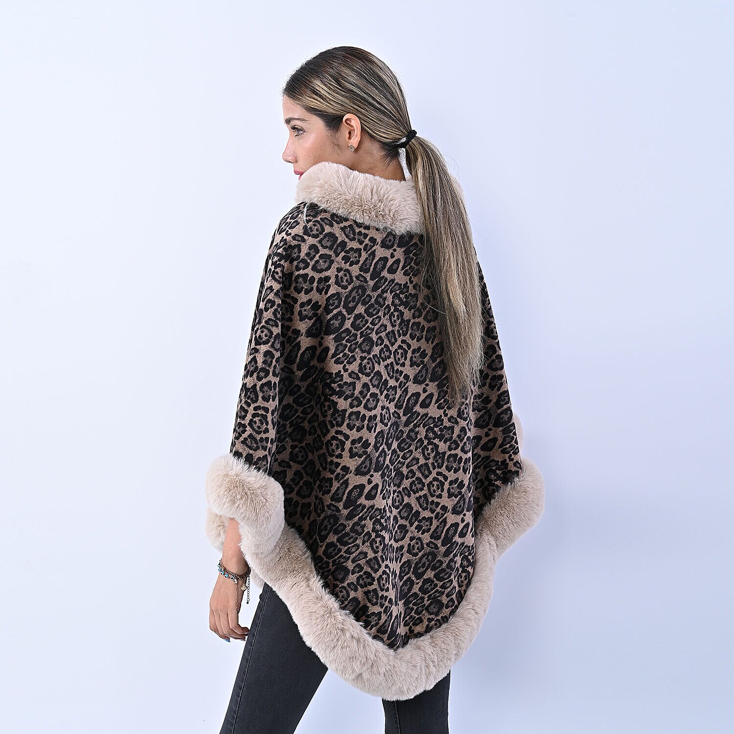 Designer Inspired- LA MAREY Leopard Pattern Faux Fur Poncho (Free Size) - Brown & Beige