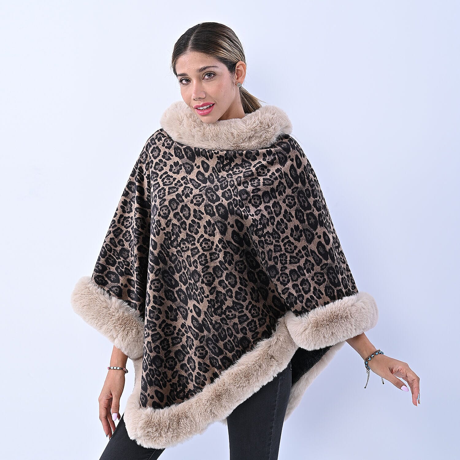 Designer Inspired- LA MAREY Leopard Pattern Faux Fur Poncho (Free Size) - Brown & Beige