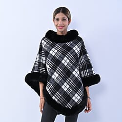 LA MAREY Checkered Pattern Faux Fur Poncho - Black