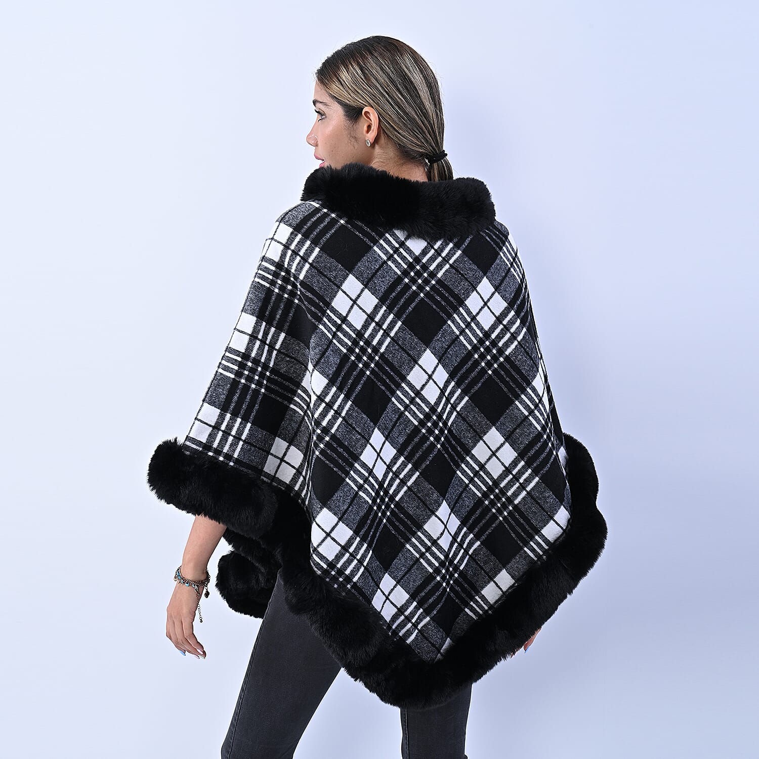 LA MAREY Checkered Pattern Faux Fur Poncho - Black