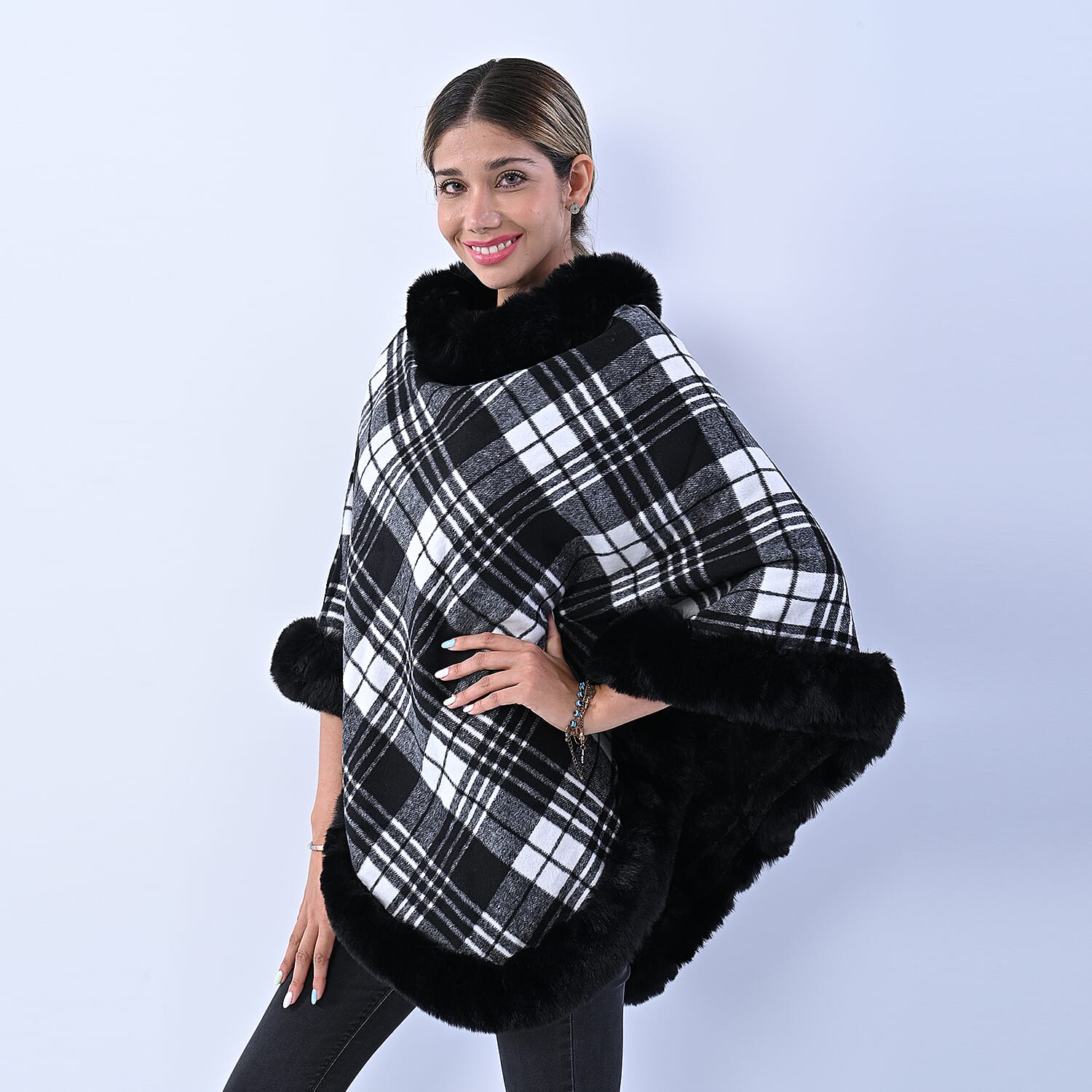 LA MAREY Checkered Pattern Faux Fur Poncho - Black