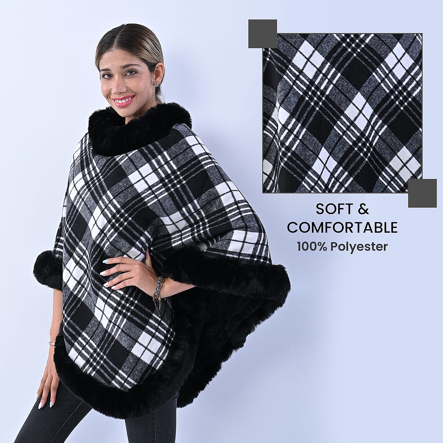 LA MAREY Checkered Pattern Faux Fur Poncho - Black