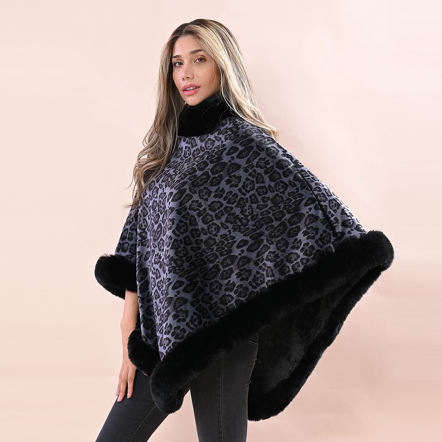 LA MAREY Leopard Pattern Faux Fur Poncho Light Blue