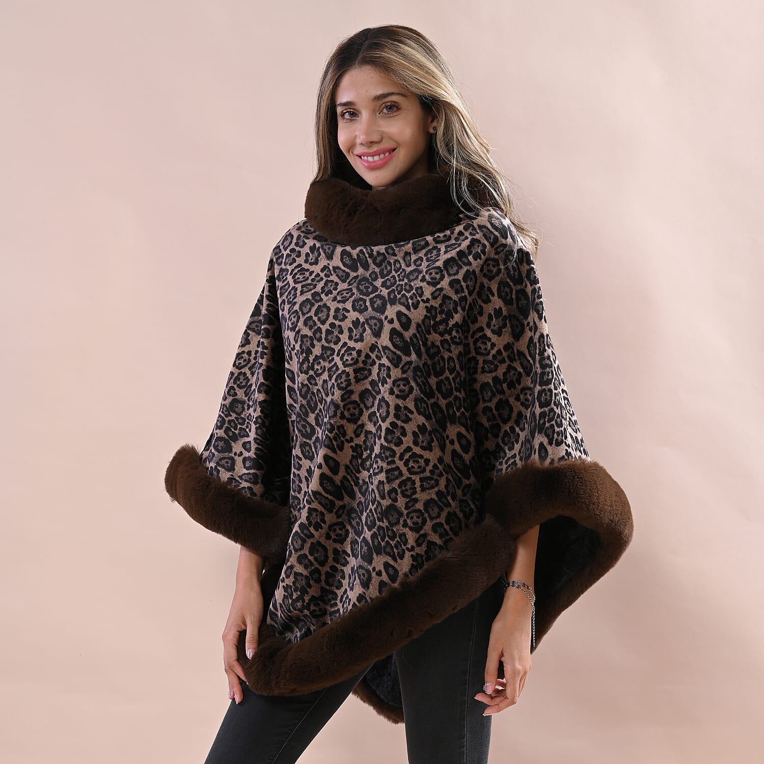 LA MAREY Leopard Pattern Faux Fur Poncho (Size 130x85 Cm) - Coffee Brown & Black