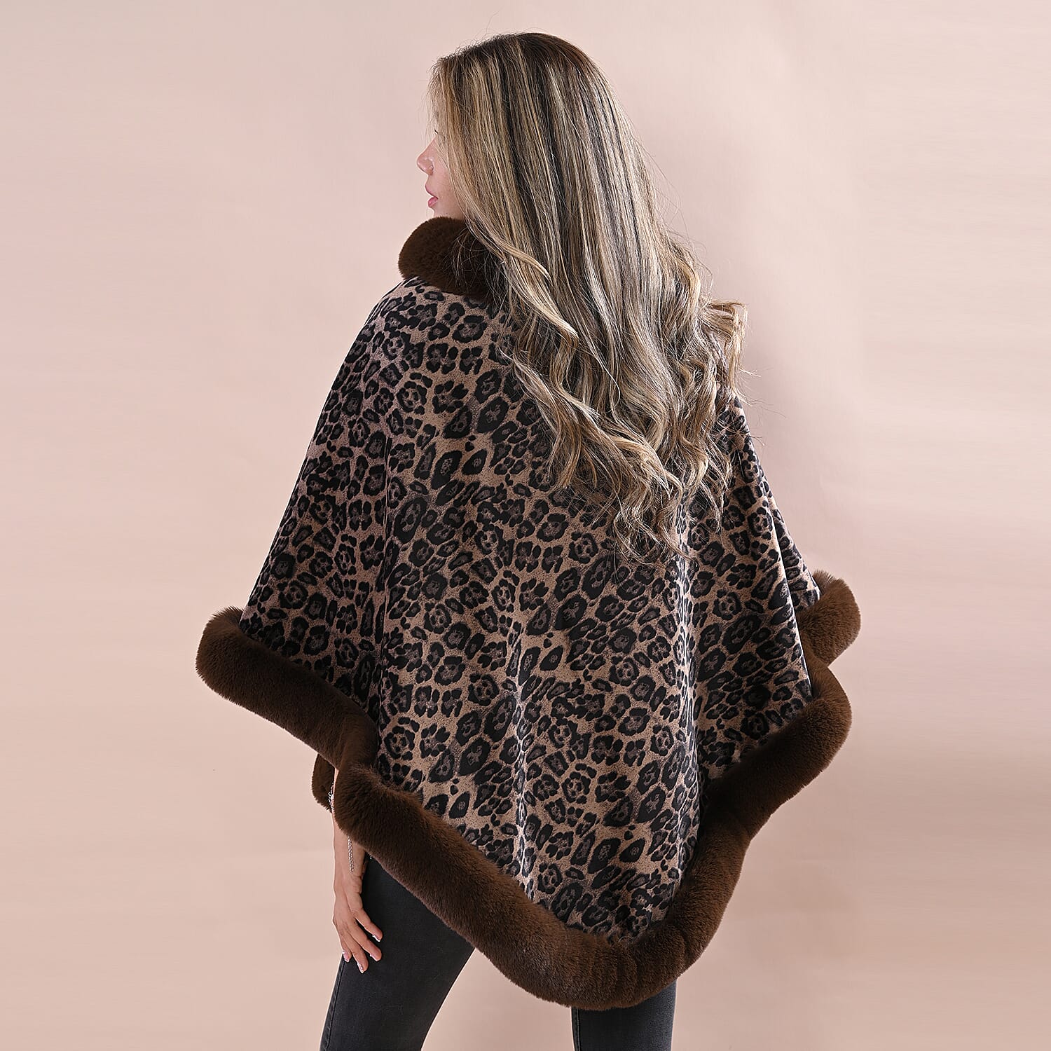 LA MAREY Leopard Pattern Faux Fur Poncho (Size 130x85 Cm) - Coffee Brown & Black