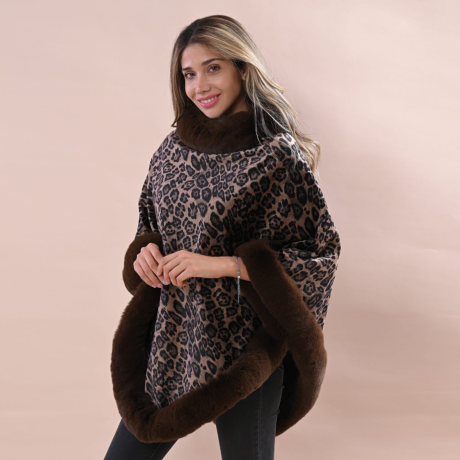 LA MAREY Leopard Pattern Faux Fur Poncho (Size 130x85 Cm) - Coffee Brown & Black