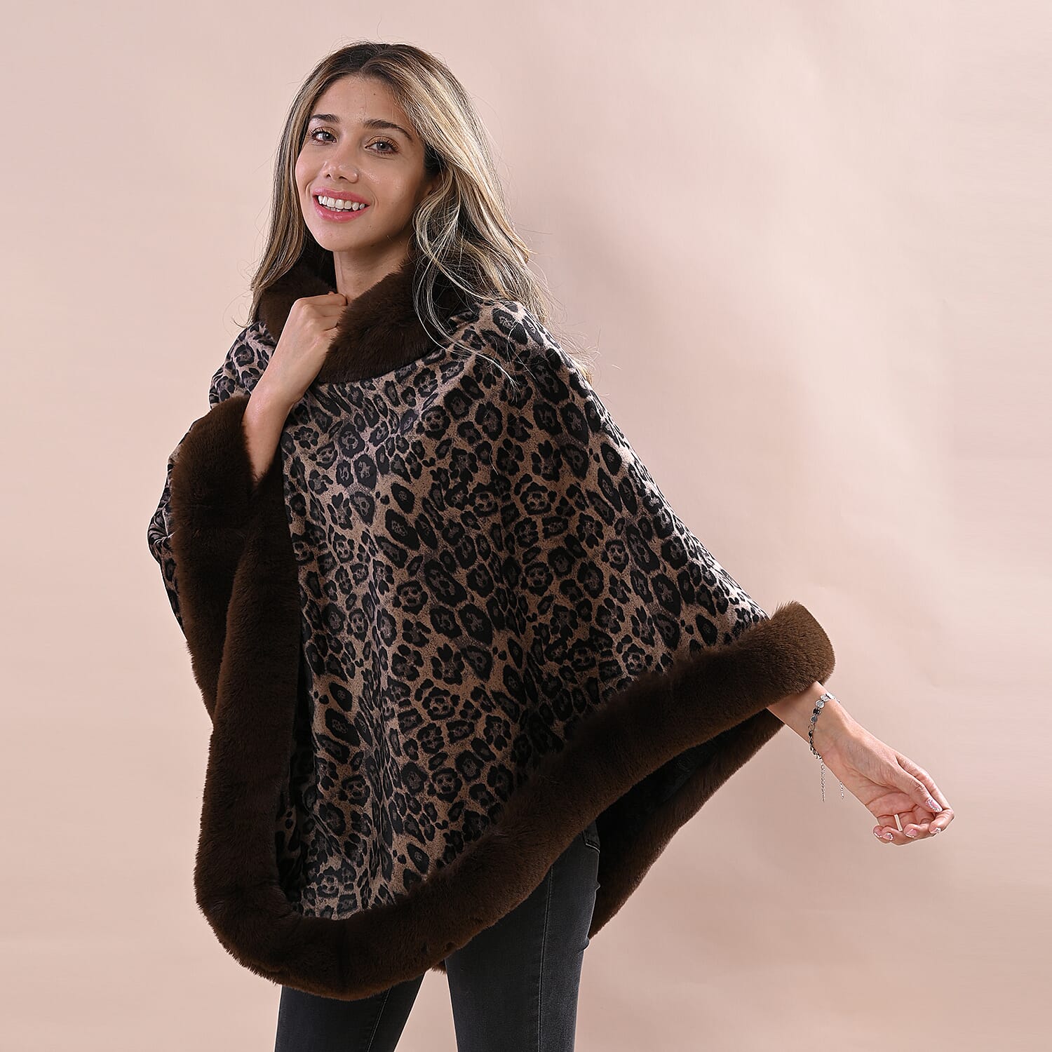 LA MAREY Leopard Pattern Faux Fur Poncho (Size 130x85 Cm) - Coffee Brown & Black