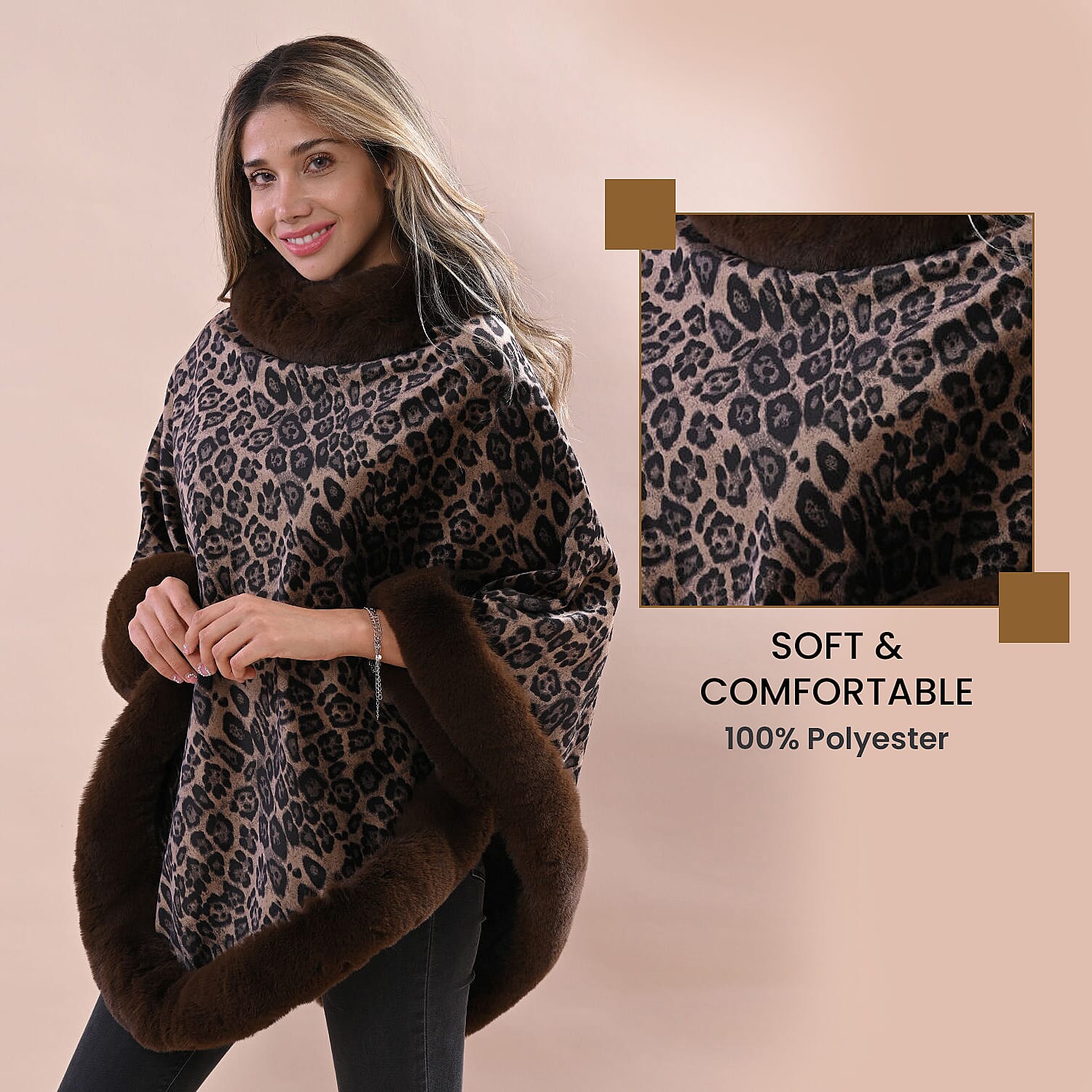 LA MAREY Leopard Pattern Faux Fur Poncho (Size 130x85 Cm) - Coffee Brown & Black