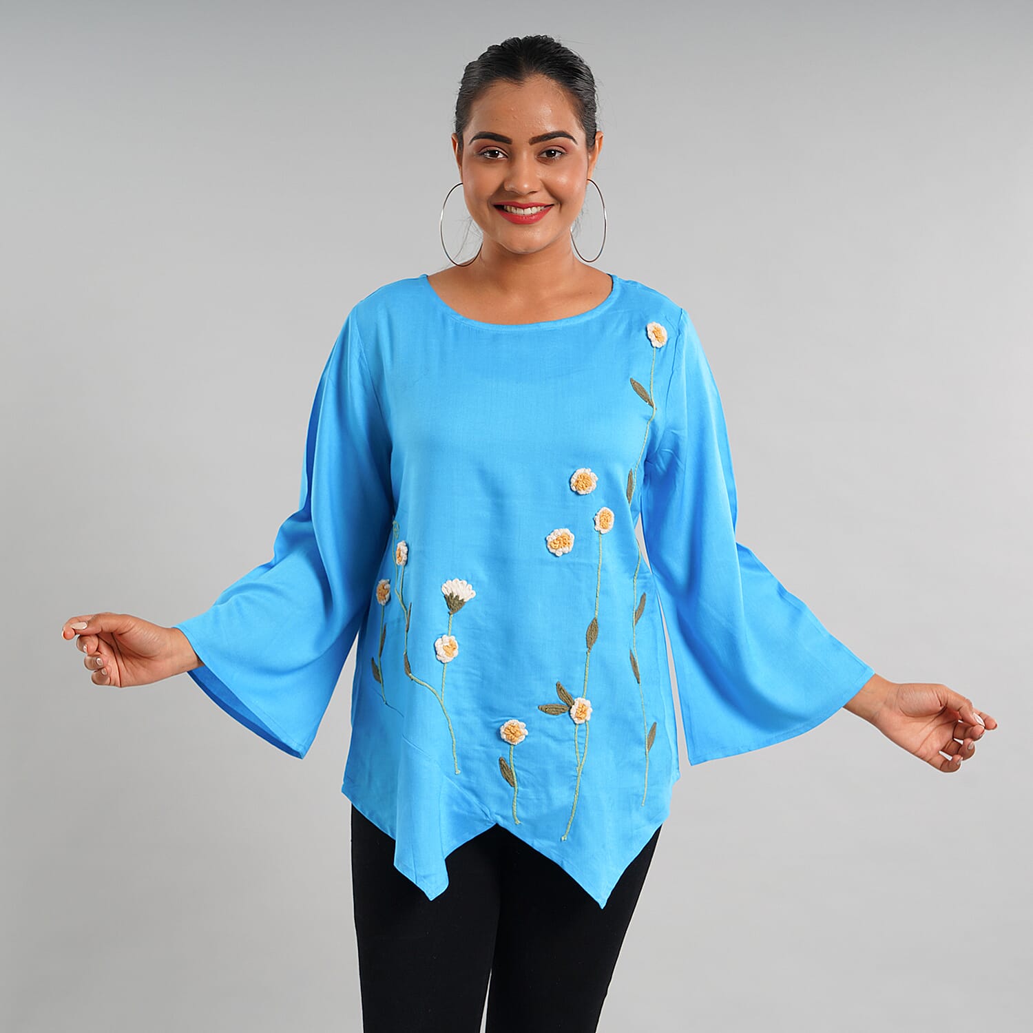 JOVIE 100% Viscose Floral Embroidery Women Kimono Top - Blue