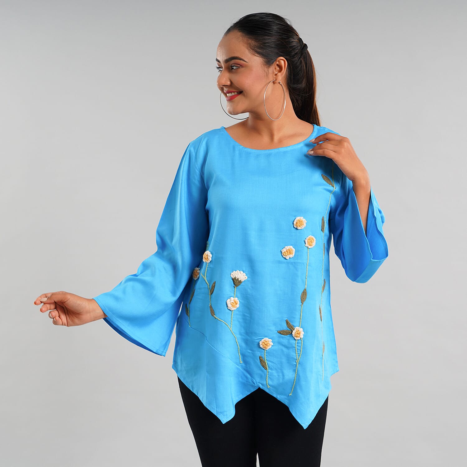 JOVIE 100% Viscose Floral Embroidery Women Kimono Top - Blue